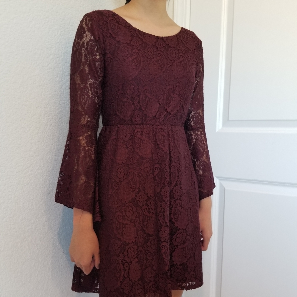 Purple Burgundy Lace Long Sleeve Dress
